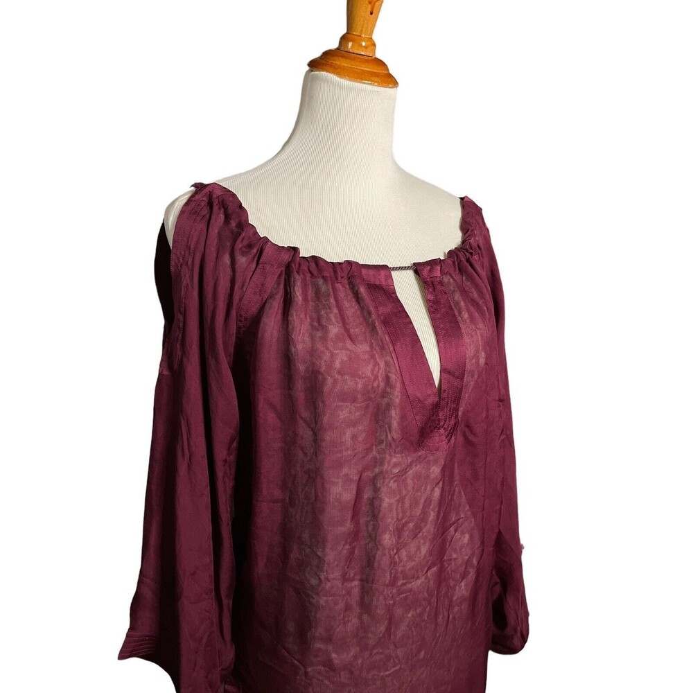 VIKTOR & ROLF Sheer Silk Open Shoulder Tunic Bell Sleeve Tie Maroon Grecian